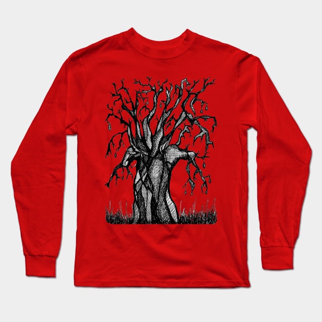 Red Baobab Artistic Line Drawing Long Sleeve T-Shirt by Tony Cisse Art Originals